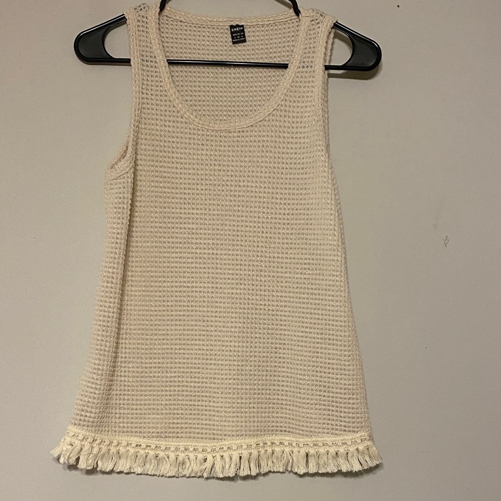 SHEIN Cream Knit Tank Top with Tassel Hem